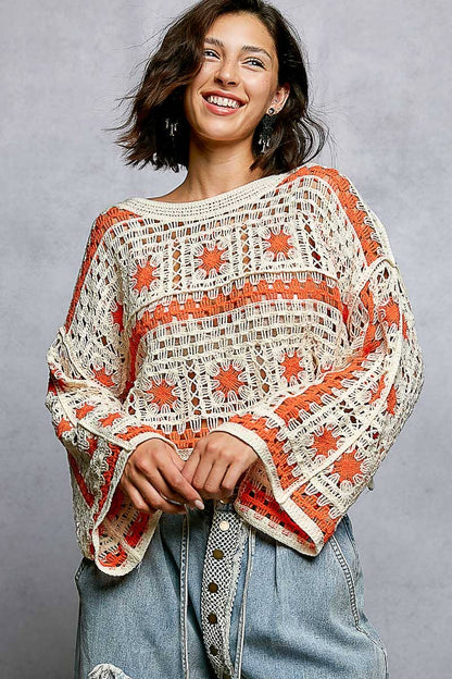 Orange and Cream Granny Square Long Sleeve Crochet Top