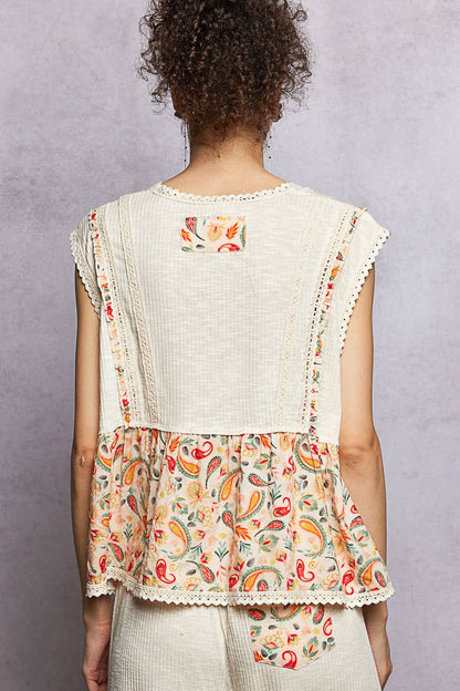 V-neck Floral Ruffle Sleeveless Top