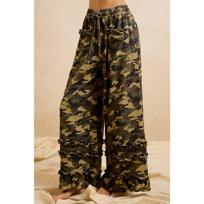 CAMOUFLAGE PRINTED TWILL RUFFLED DETAIL WIDE PANTS