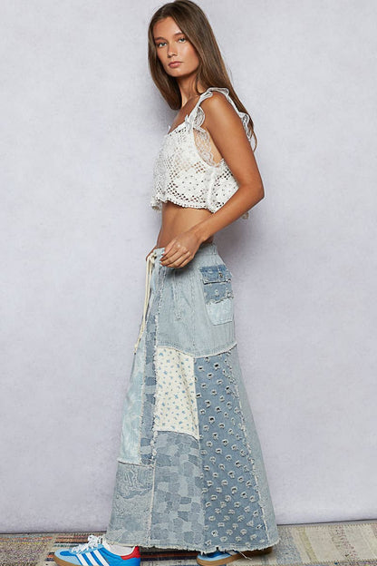 Floral pattern denim patchwork detail skirt