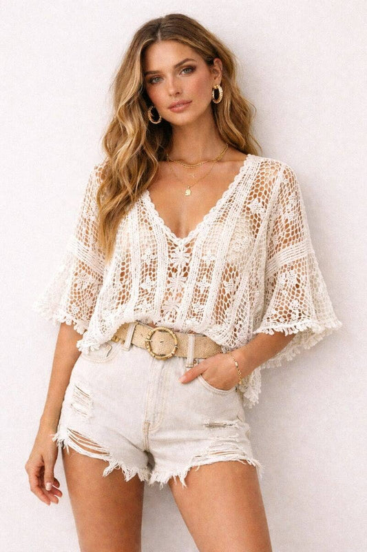 V-Neck Mesh Crochet Sweater Cotton One Size S/M