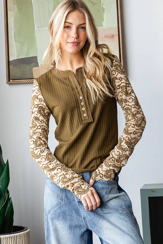 LACE SLEEVE HENLEY NECK KNIT TOP