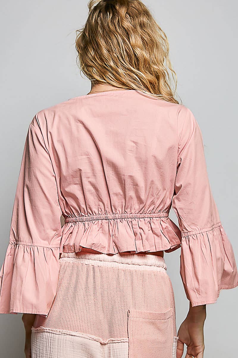 3/4 Sleeve Embroidered Bead Neck Loop Tassel Cotton Top