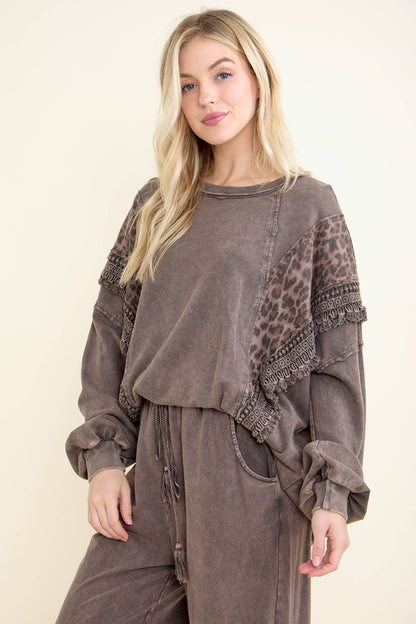 Mineral Washed  Leopard Fringe Terry Top