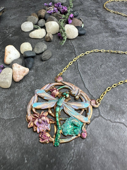 Dragonfly Pendant Necklace, Iridescent Patina Brass, Art Nou