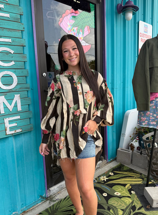 Floral Striped Long Sleeve Blouse