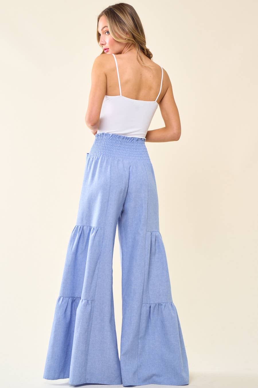 DENIM SMOCKING WAIST TIER WIDE PANTS