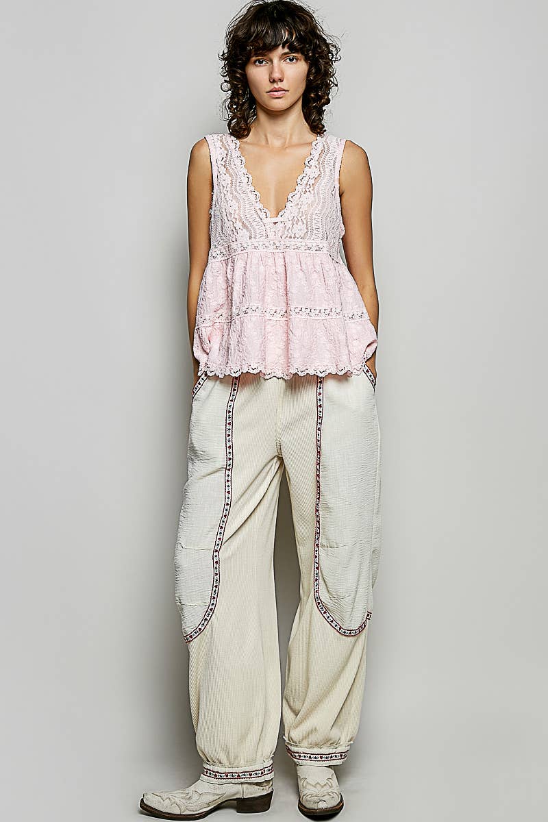 Sleeveless Deep V-neck Lace Trim Knit Top
