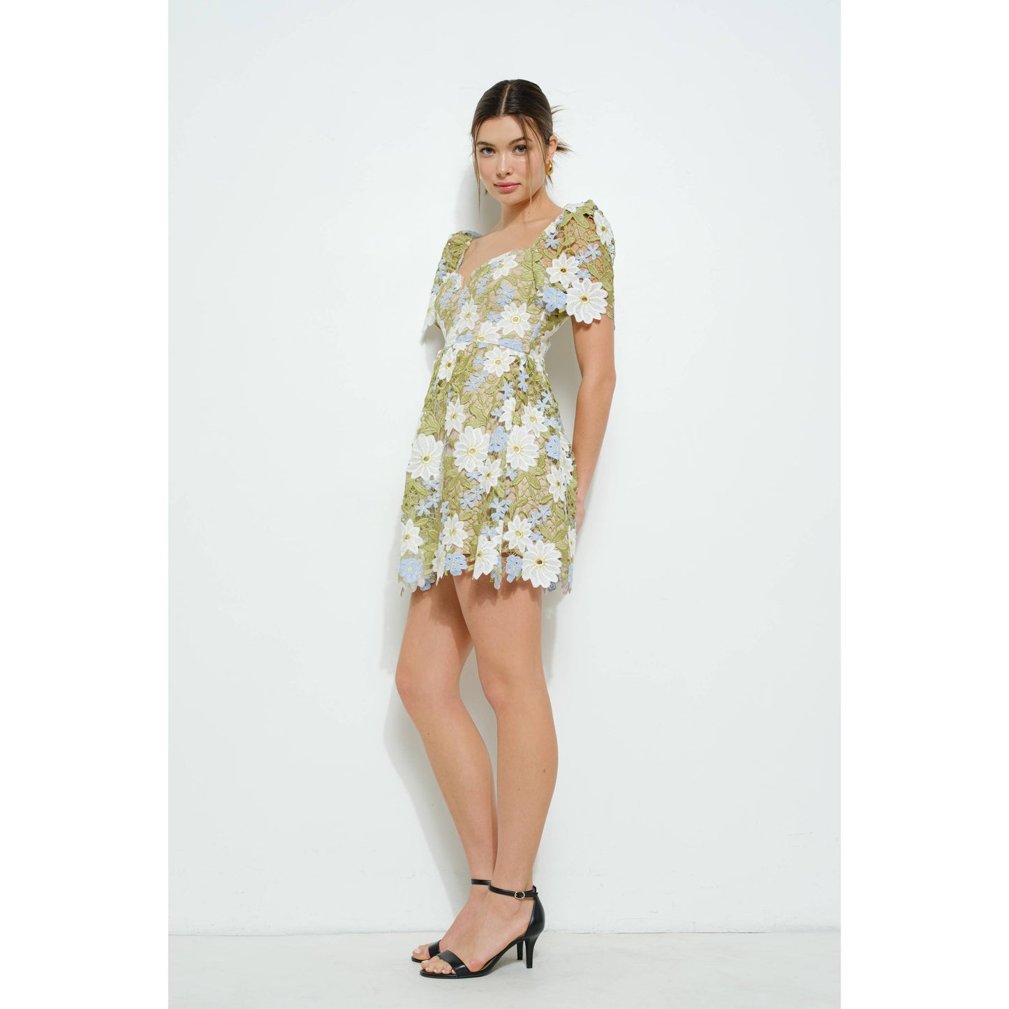 Floral Lace Puff Sleeve Embroidered Mini Dress