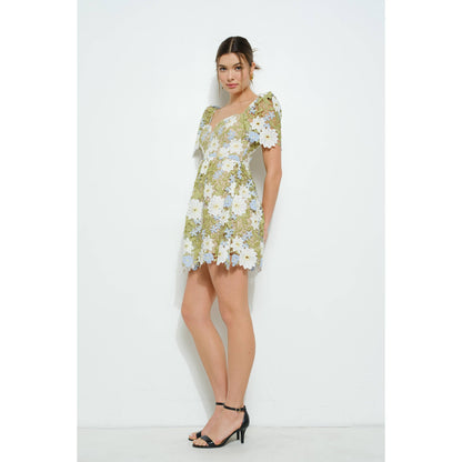Floral Lace Puff Sleeve Embroidered Mini Dress
