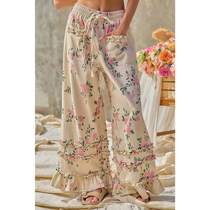 WASHED FLOWER PRINTED TWILL RUFFLED DETAIL WIDE PANTS