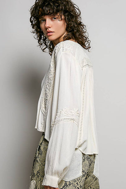 V-neck Long Sleeve Floral Embroidered Cotton Woven Top