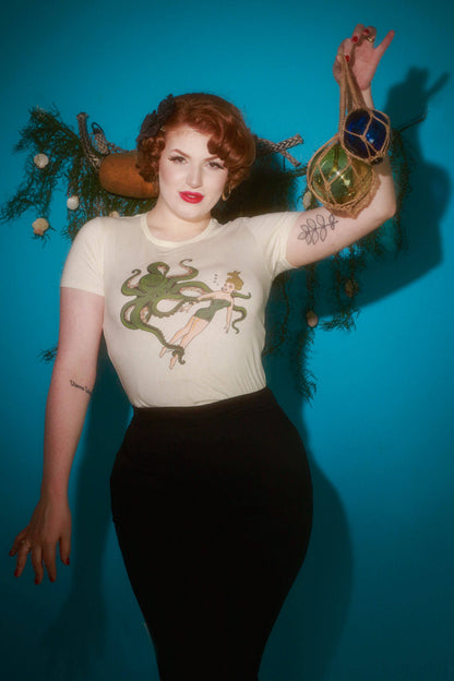 Girl With Octopus Fitted Tee in Ivory