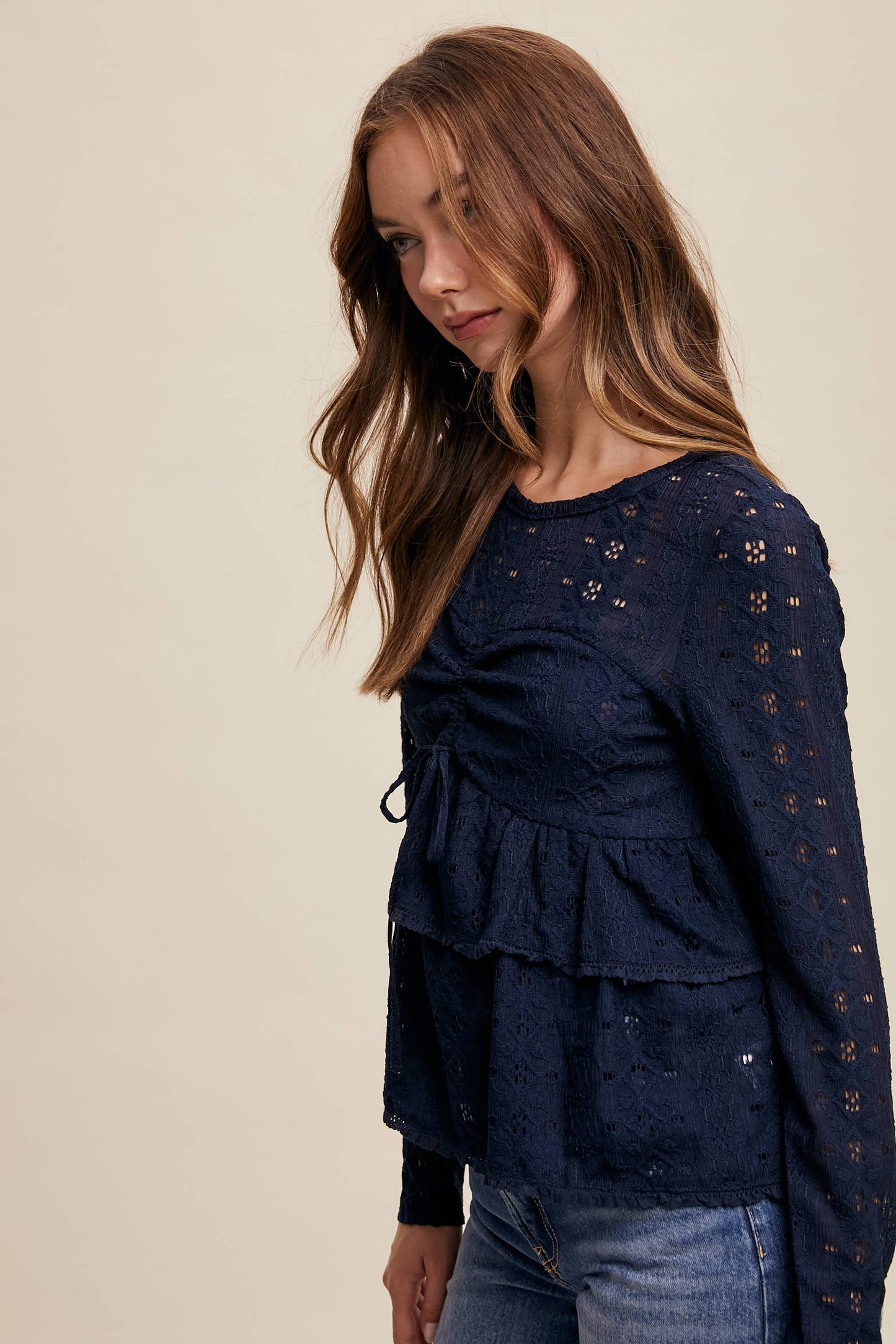 Stretch Lace Tiered Blouse with Drawstring Detail