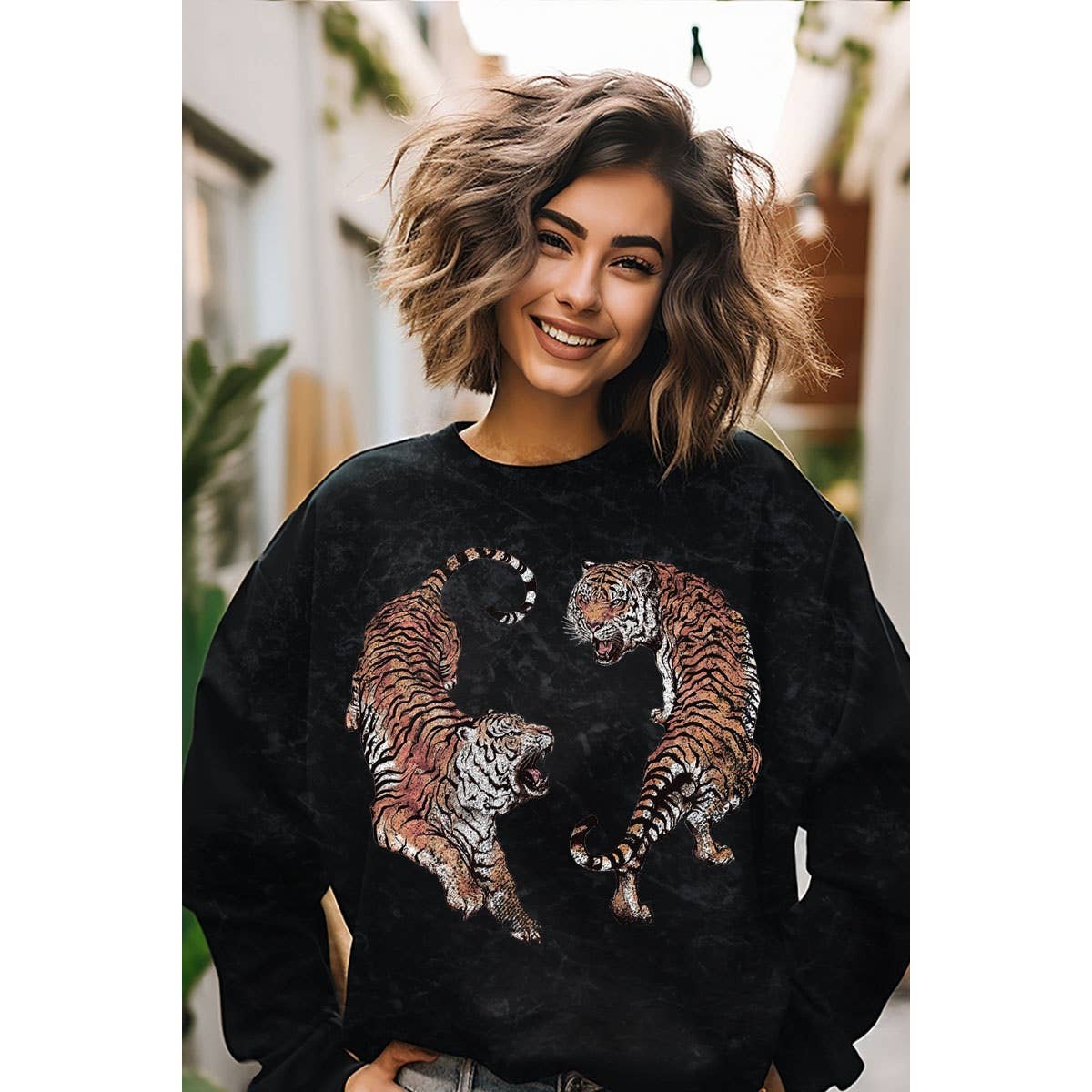 TWO TIGERS PRINT MINERAL GRAPHIC SWEATSHIRTS
