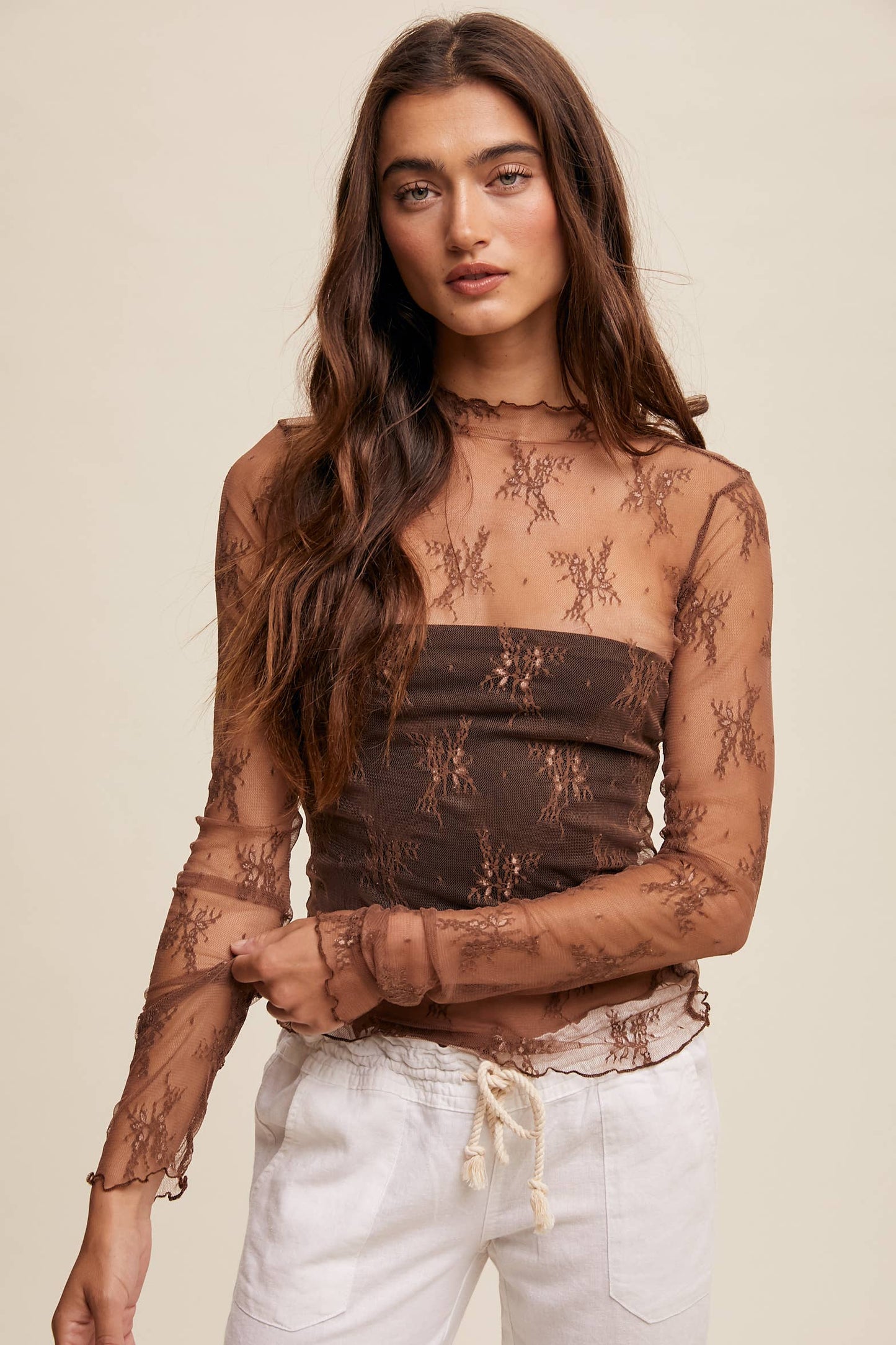 Sheer Lace Long-Sleeve Layering Top