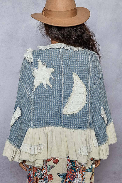 3/4 sleeve double gauze ruffle star denim woven jacket