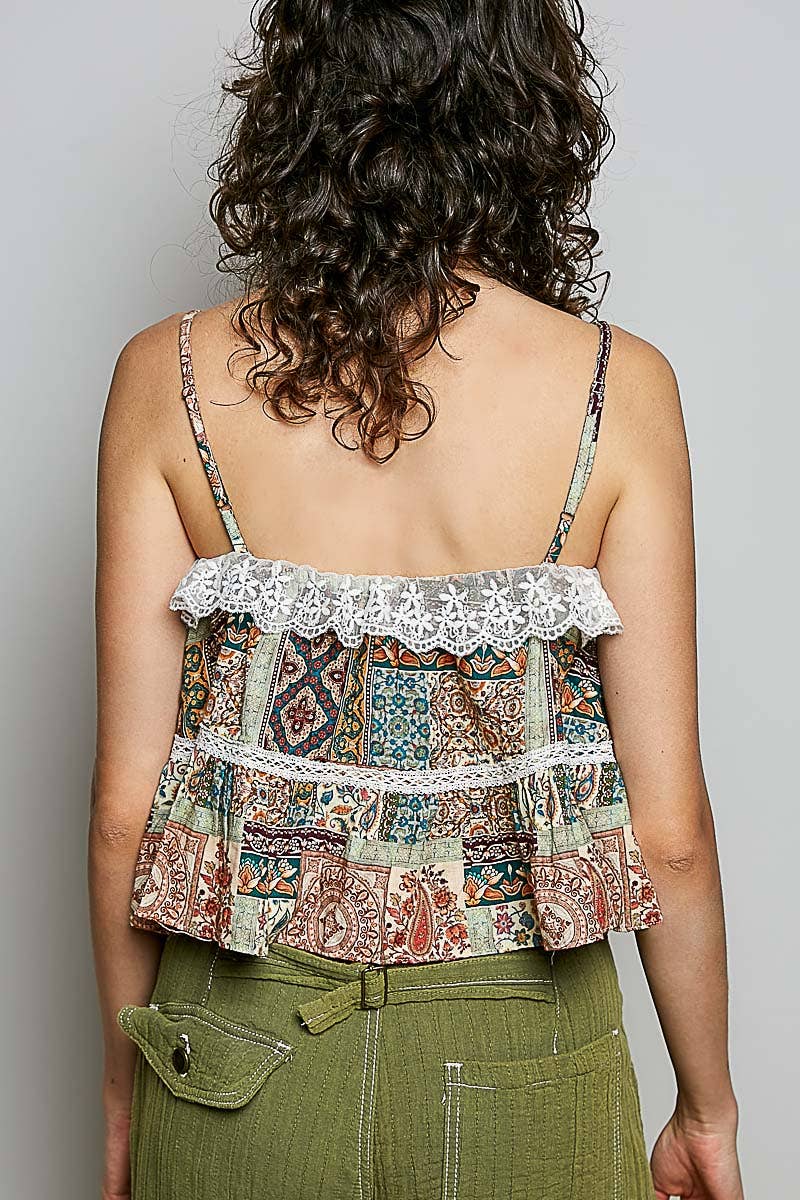 Lace Ruffles Ribbon Tie Cropped Floral Sleeveless Top