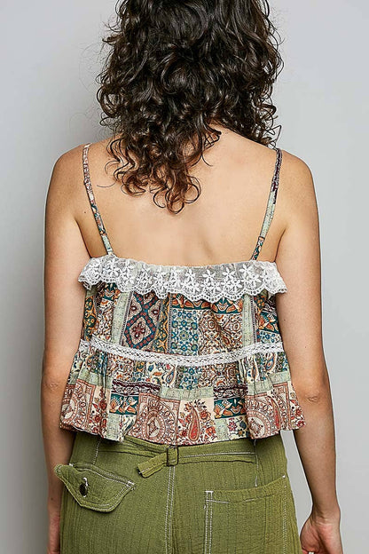 Lace Ruffles Ribbon Tie Cropped Floral Sleeveless Top