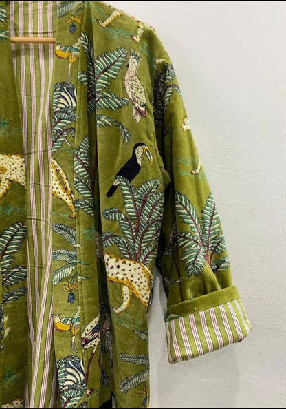 Green Jungle Velvet Kimono Robe  Coat