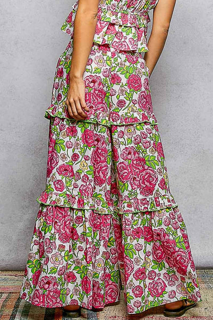 Wide-Leg Tiered Ruffle Edge Elastic Waist Floral Pants
