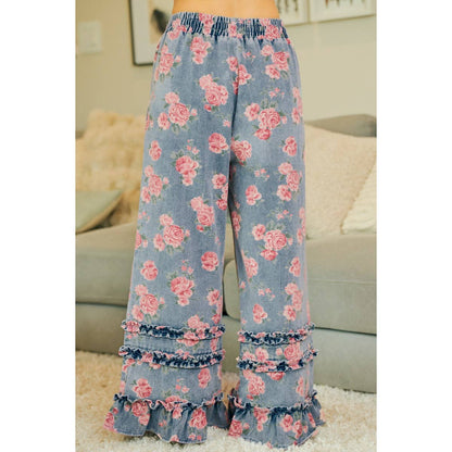 WASHED FLORAL DENIM WITH RUFFLE ELASTIC WIDE PANTS