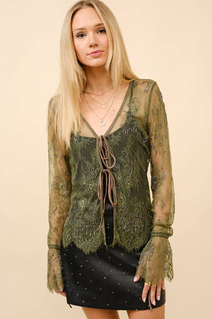 Lace Scallop Beaded Tie Front Sheer Top