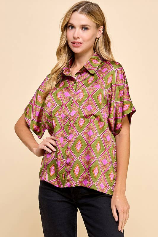 Green and Fuchsia Abstract Printed Button Down Top