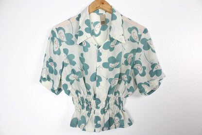 Vintage Short-Sleeve Button Up Blouse - Cinched