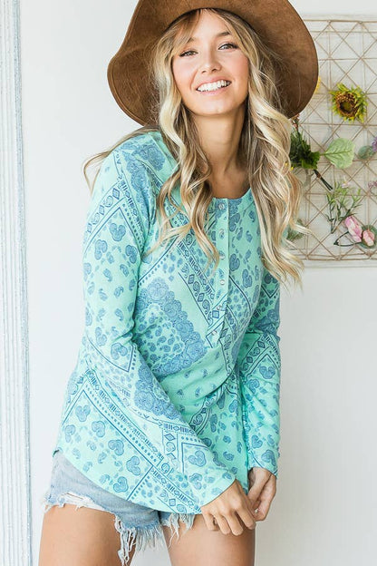 Paisley Print Snap Button Down Henley Top