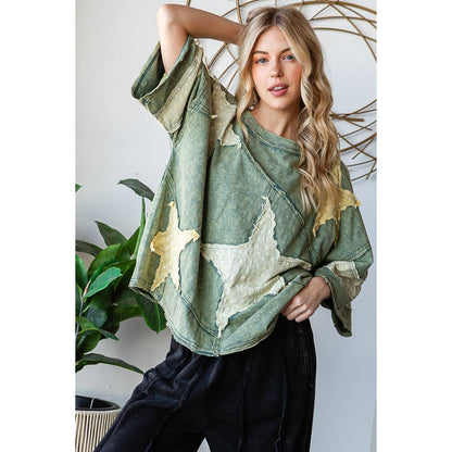 GREEN WASHED STAR PATCHWORK SHORT SLEEVE TOP