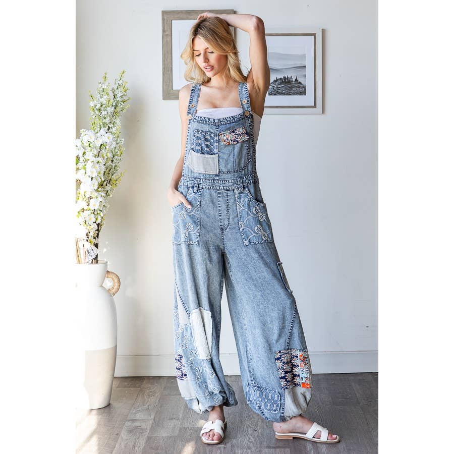 WASHED MULTI PATCHWORK TENCEL OVERALLS