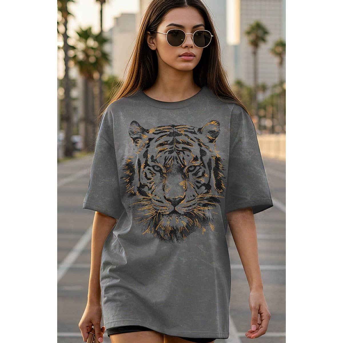 TIGER BIG FACE FOIL OVERSIZED MINERAL GRAPHIC TEE