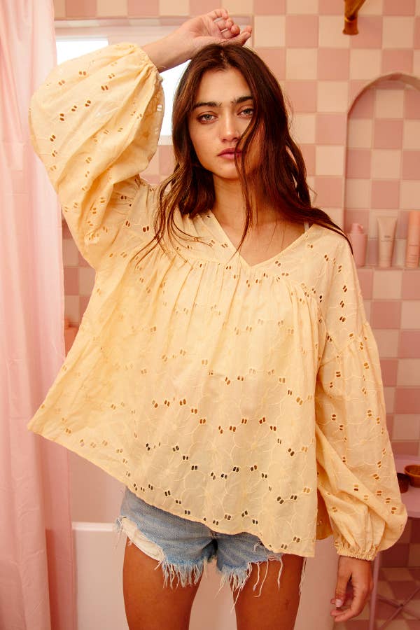 Puff Sleeve Eyelet Lace Babydoll Tunic Top