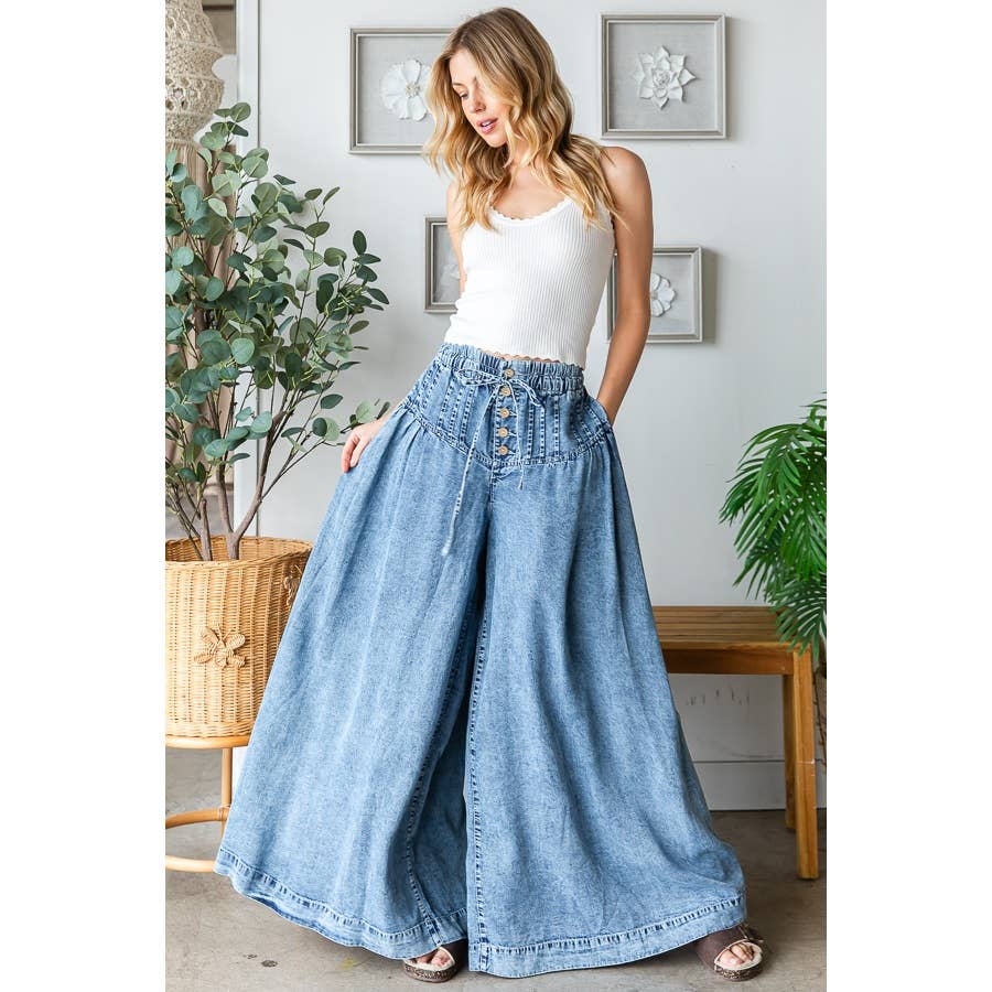 WASHED PINKTUCK WIDE LEG DENIM PANTS