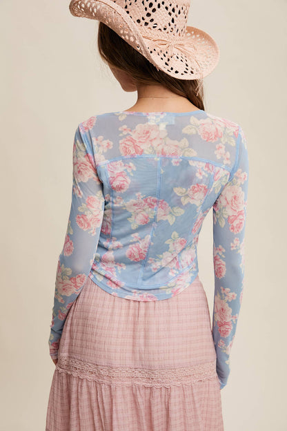 Floral Mesh Long Sleeve Layering Top