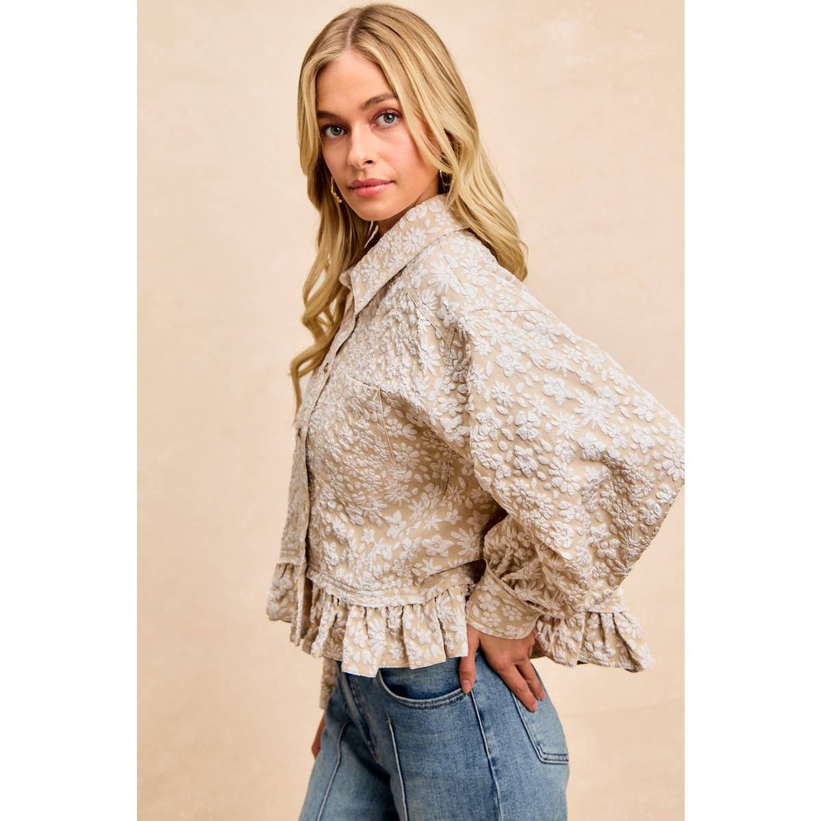 TEXTURED FLORAL PATTERN RUFFLED HEM SHIRT TOP