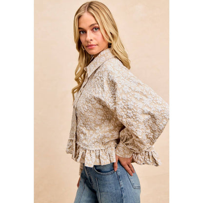 TEXTURED FLORAL PATTERN RUFFLED HEM SHIRT TOP