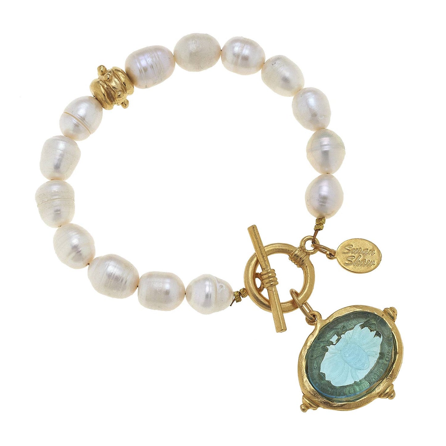 Aqua Venetian Glass Bee Intaglio on Genuine Freshwater Pearl Bracelet