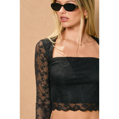 Scalloped Lace Queen Anne Long Sleeve Crop Top