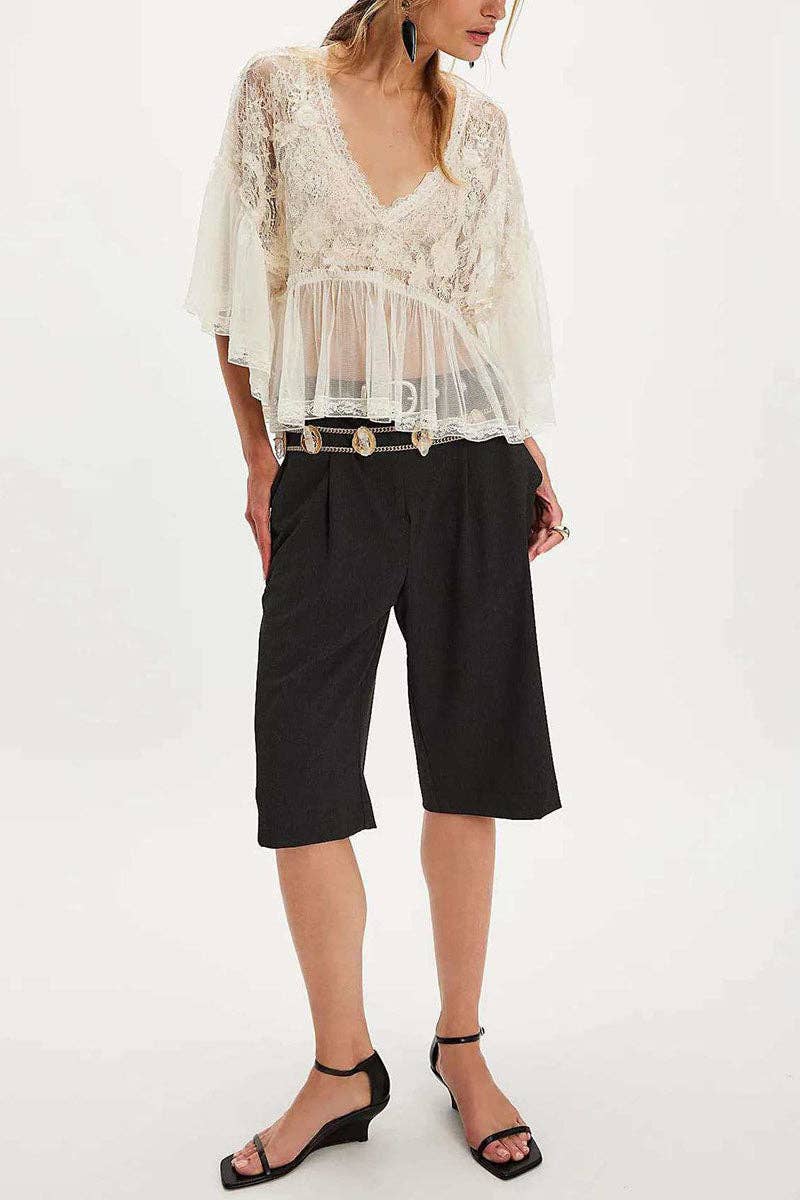 Sheer Lace Bell Sleeve V-Neck Top