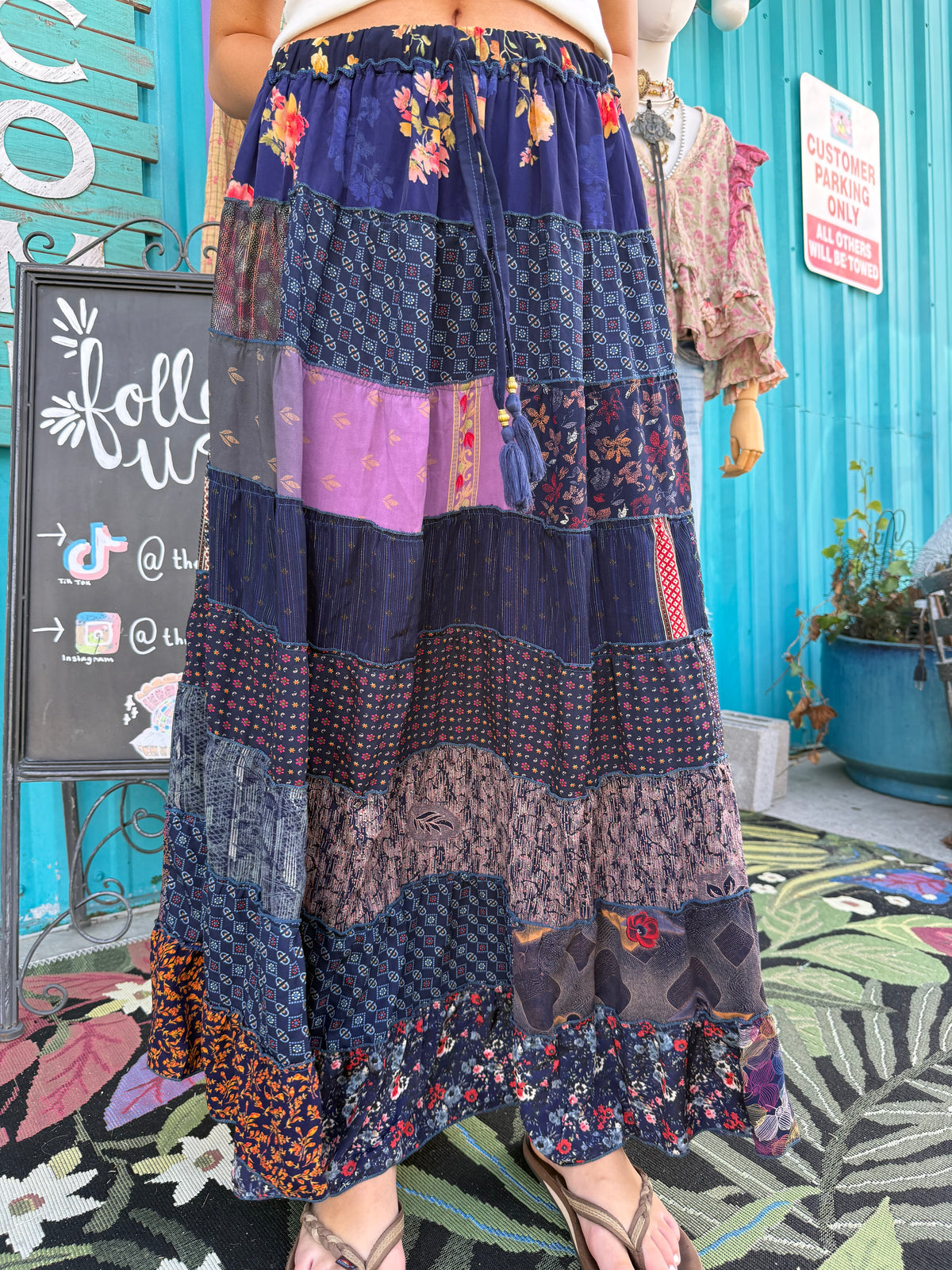 Patchwork Boho Ruffle Wide Flare Skirt