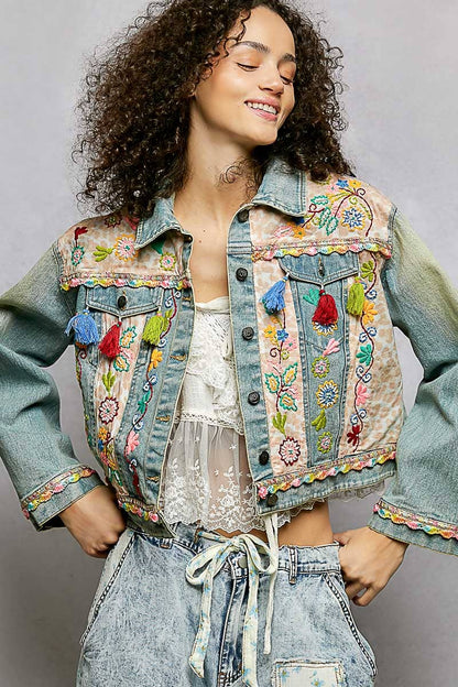 Floral Embroidery Lace Trim Tassel Denim Jacket