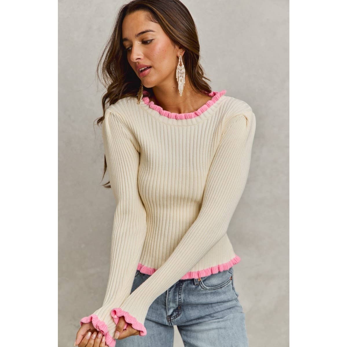 Ruffle Edge Ribbed Sweater Knit Top