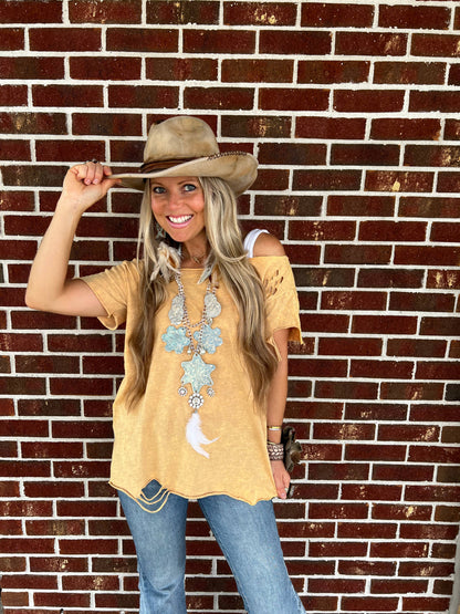 Mustard Washed Distressed Ripped T-Shirt