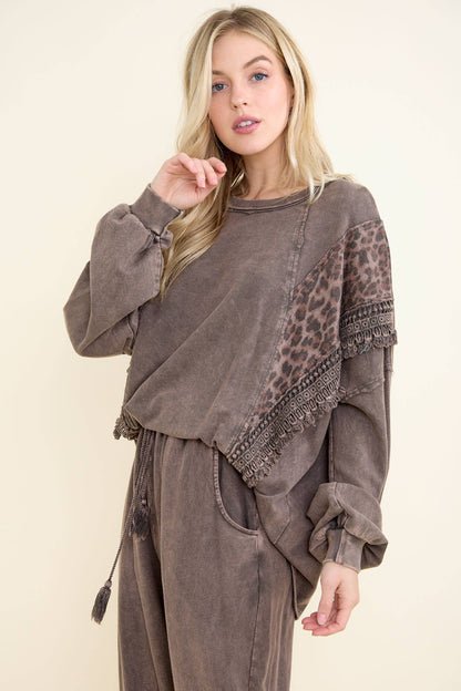Mineral Washed  Leopard Fringe Terry Top