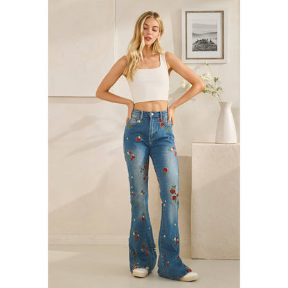 WASHED STRAWBERRY EMBROIDERED DENIM PANTS