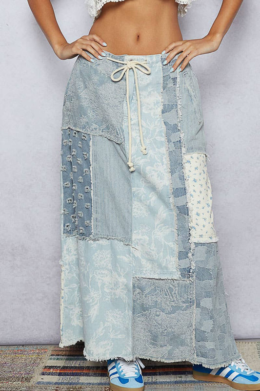 Floral pattern denim patchwork detail skirt