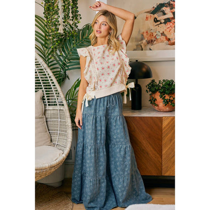 FLORAL TIERED FLARE DENIM PANTS