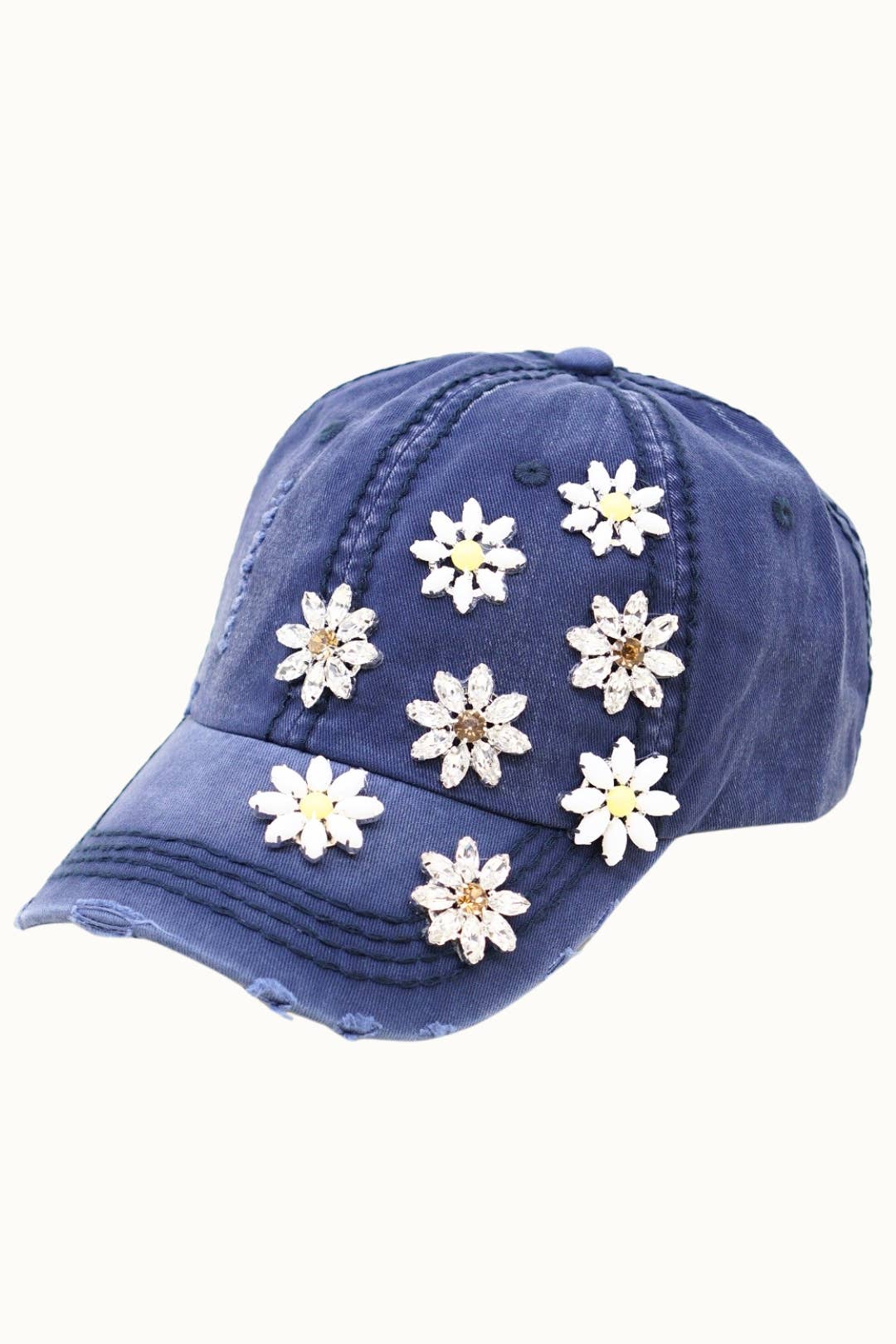 Daisy Bejeweled Bling Distressed Cap, Adjustable Multi colors available